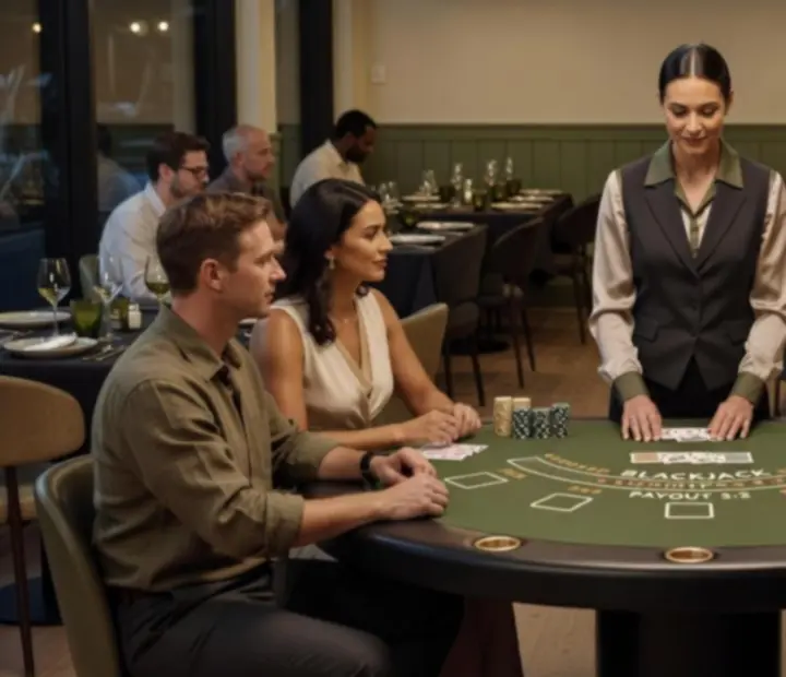 Blackjack table set beside a supper setting at ADSIGHT LTD