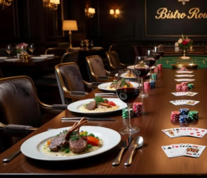 Guests enjoying dinner at ADSIGHT LTD with a poker table prepared nearby for the evening