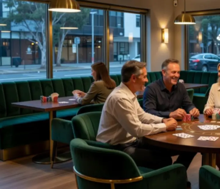 Warmly lit evening card lounge with poker and blackjack tables beside the bistro bar