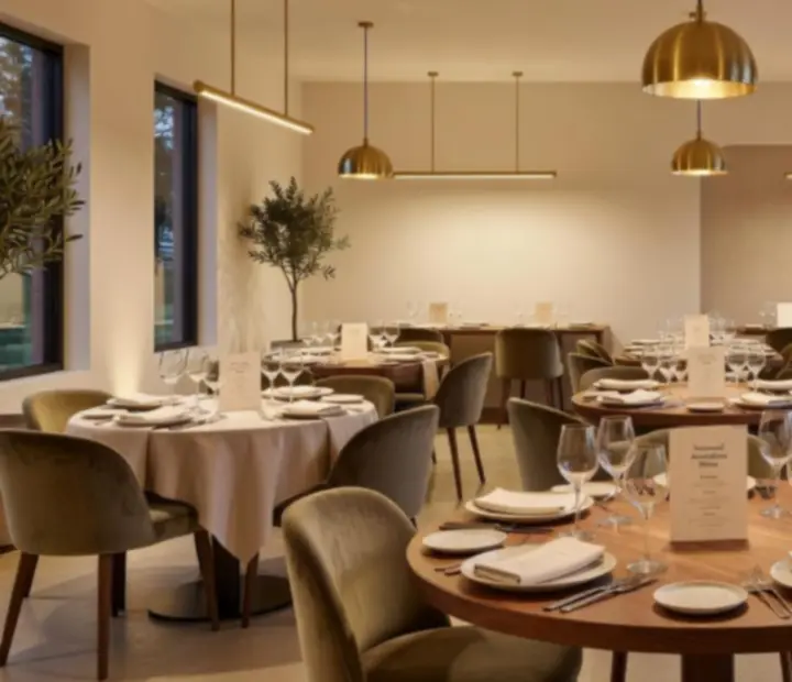 Main dining room at ADSIGHT LTD with cream walls, brass lighting and neatly arranged tables
