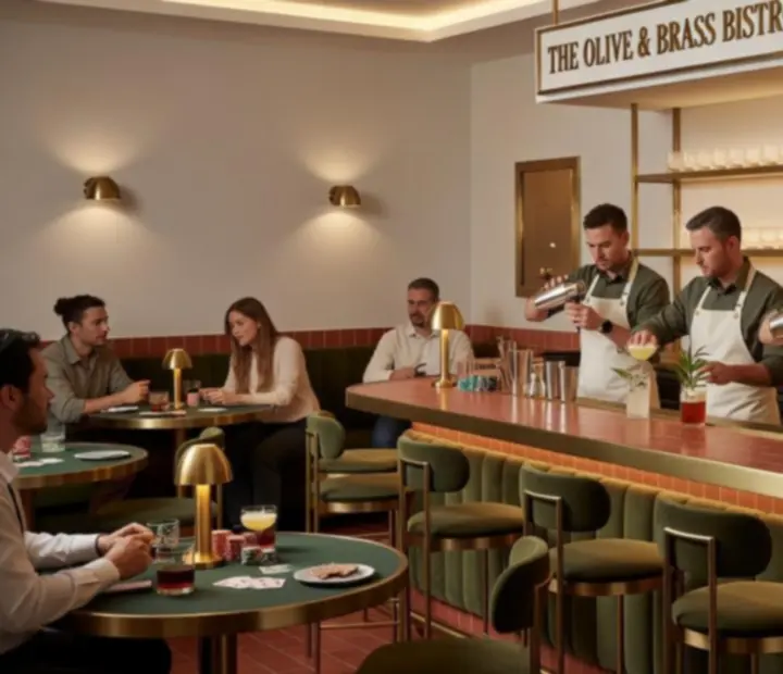 Modern bistro cocktail bar with warm lighting and bottles displayed at ADSIGHT LTD
