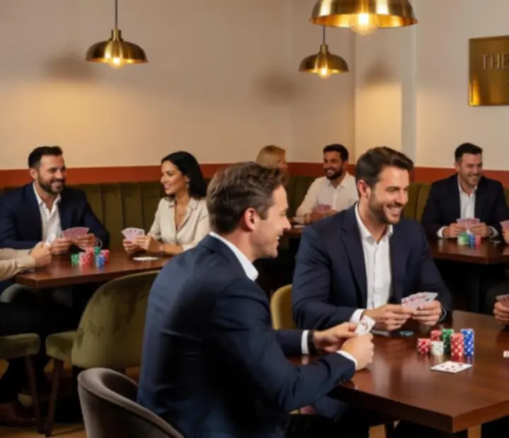 A softly lit poker card lounge at ADSIGHT LTD with guests around a table