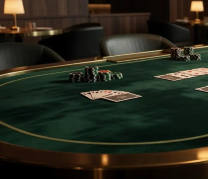 Closeup of a poker table with cards and stacks of chips at ADSIGHT LTD