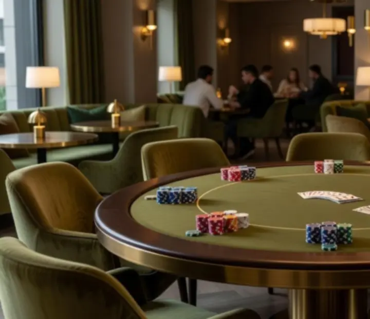 Offline poker table set with cards and chips in the evening at ADSIGHT LTD