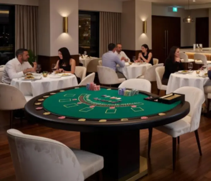 Blackjack tables integrated into the warm dining room and bar at ADSIGHT LTD