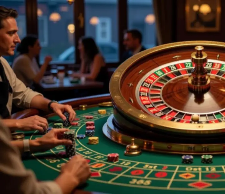 Roulette wheel spinning under warm evening lighting